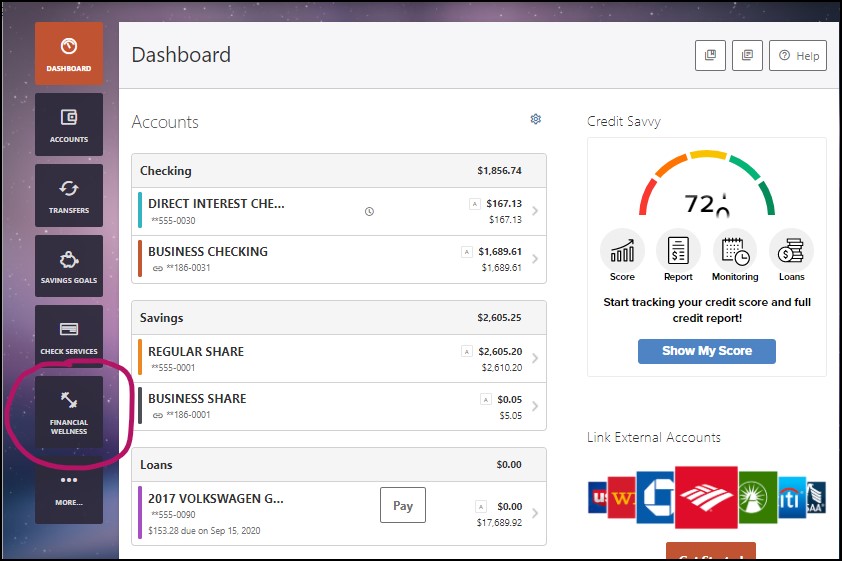 Digital Banking Dashboard with Financial Wellness widget circled
